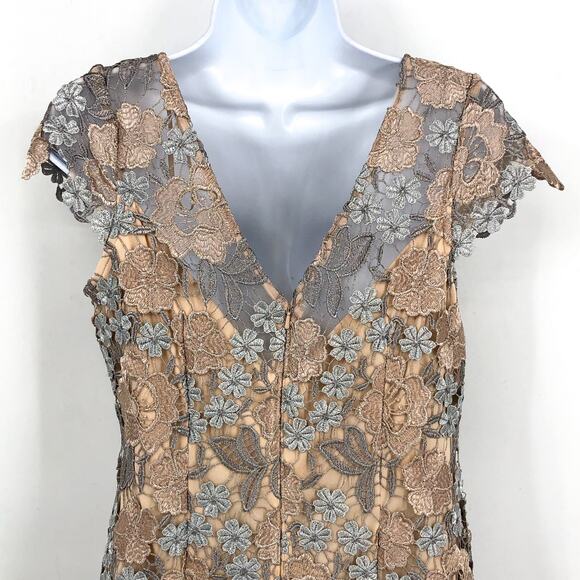 XSCAPE Floral Lace Sheath Dress Size 6 Rose Gold Short Sleeve Boat Neck NWOT - Picture 8 of 11